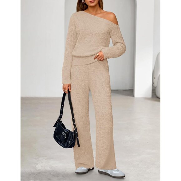 Women's Fuzzy Fleece Pajama Set Off-Shoulder Sweater & Wide Leg Pants - Picture 6 of 8